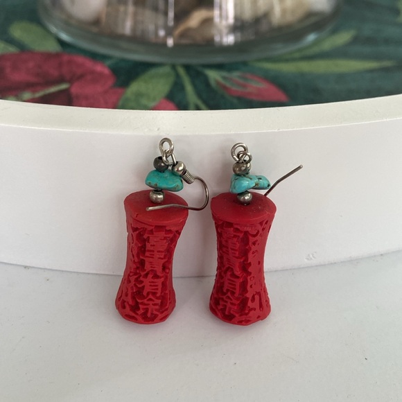 Cinnabar Jewelry - Cinnabar Vintage Red and Turquoise Earrings